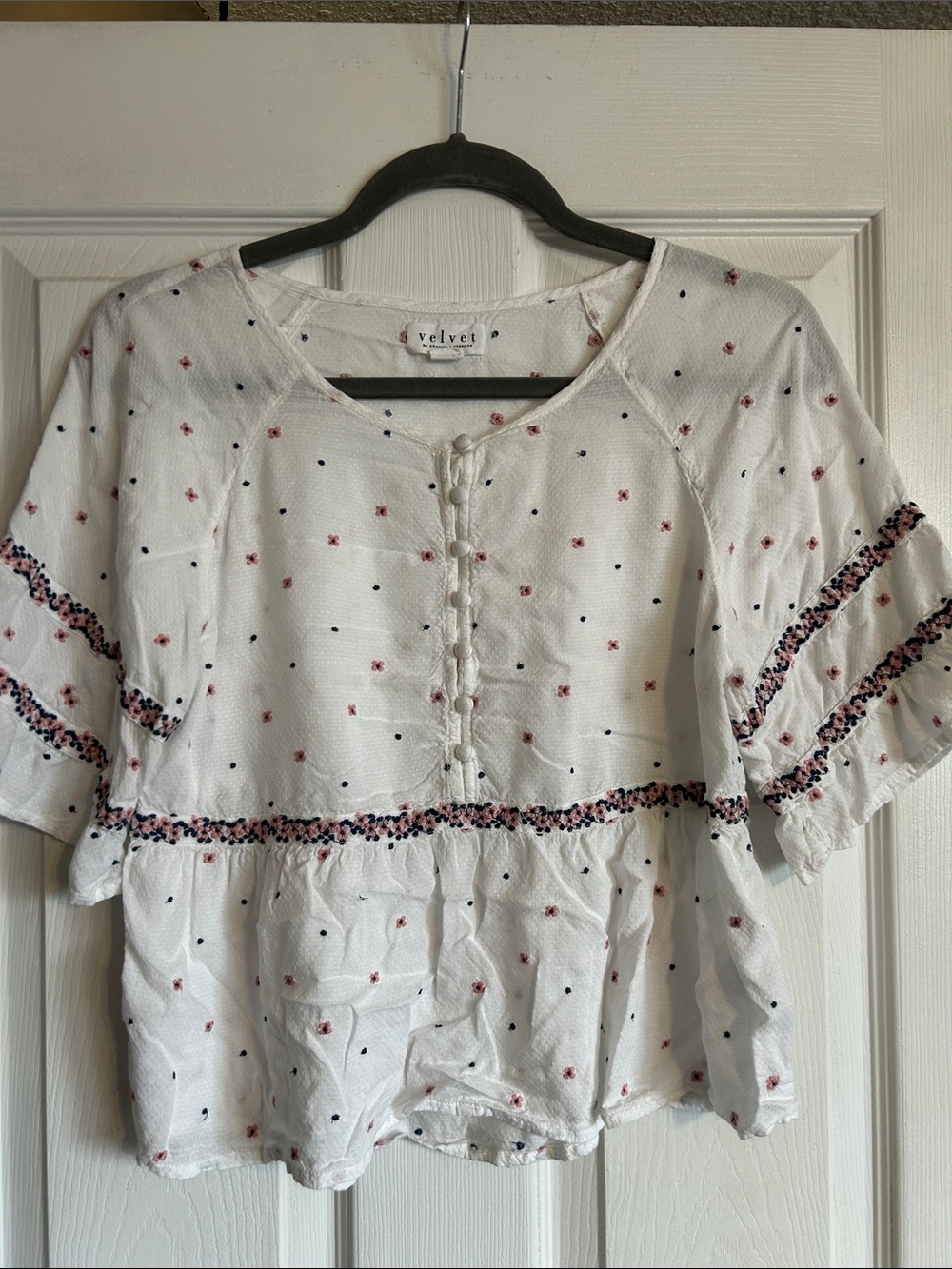 Velvet White Blouse with Pink Floral and Navy Dot Trim